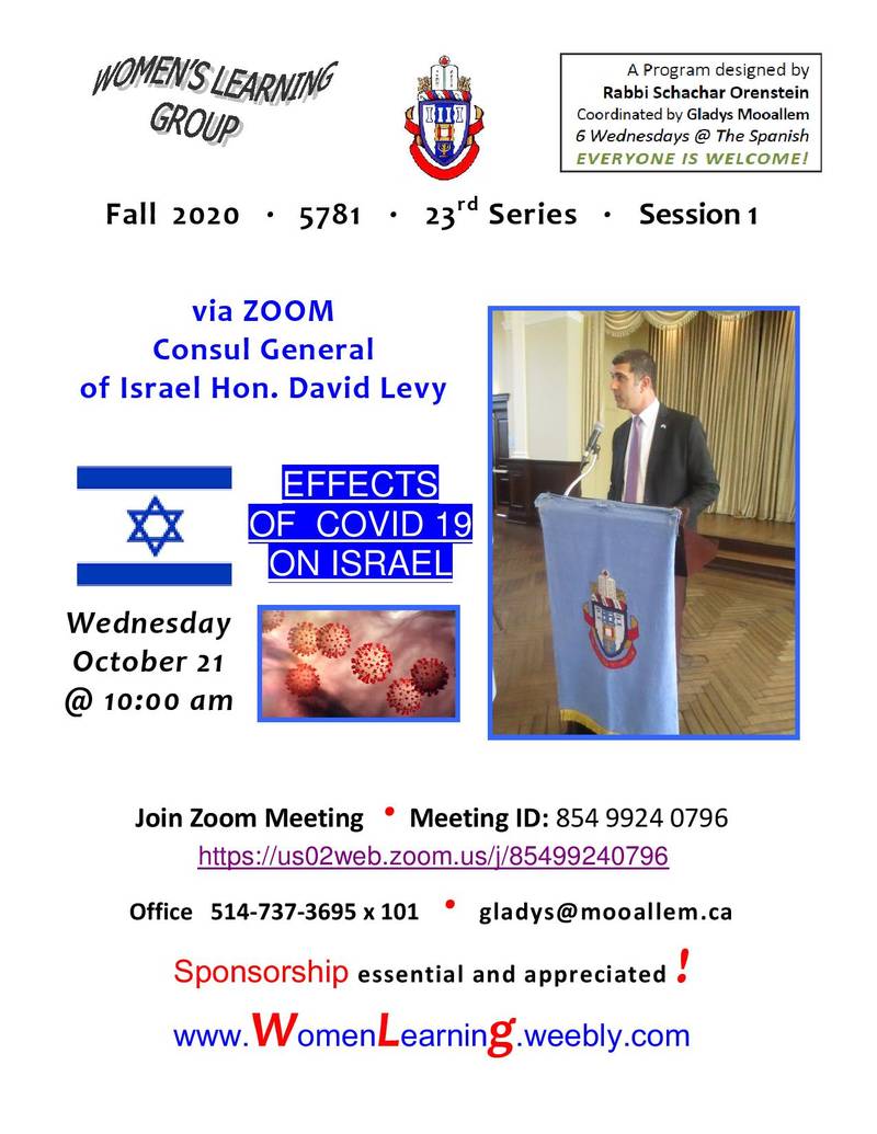 Banner Image for Women's Learning Group: Consul General of Israel Hon. DAVID LEVY